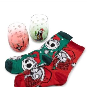 Disney Nightmare Before Christmas Socks and Glass Set - Red, Green, Purple